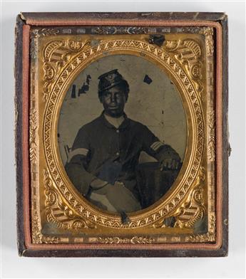 (CIVIL WAR) A half-plate full-length ambrotype of a uniformed figure posing with a bayonet * A sixth-plate tintype of a young African A
